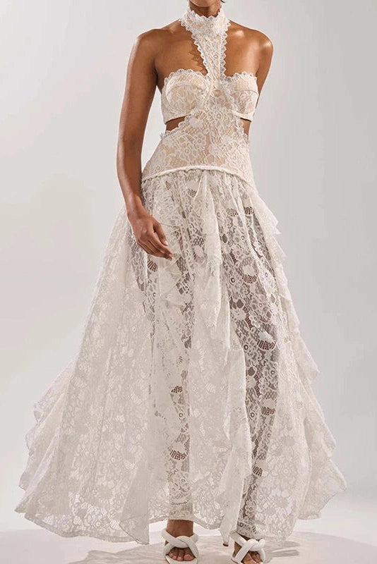 Glorol - Lace Hollow Out Sleeveless High Waist Pleated Maxi Dress