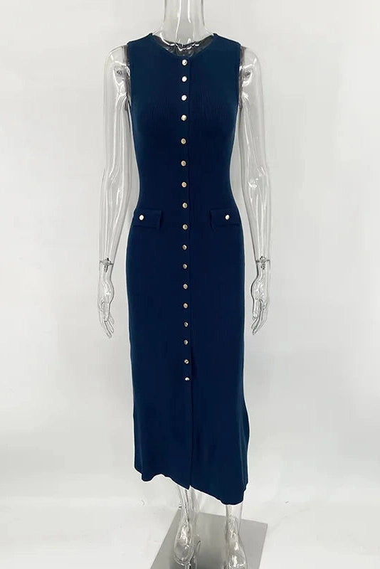Glorol - Elegant Sleeveless Single-Breasted Bodycon Knitted Midi Dress
