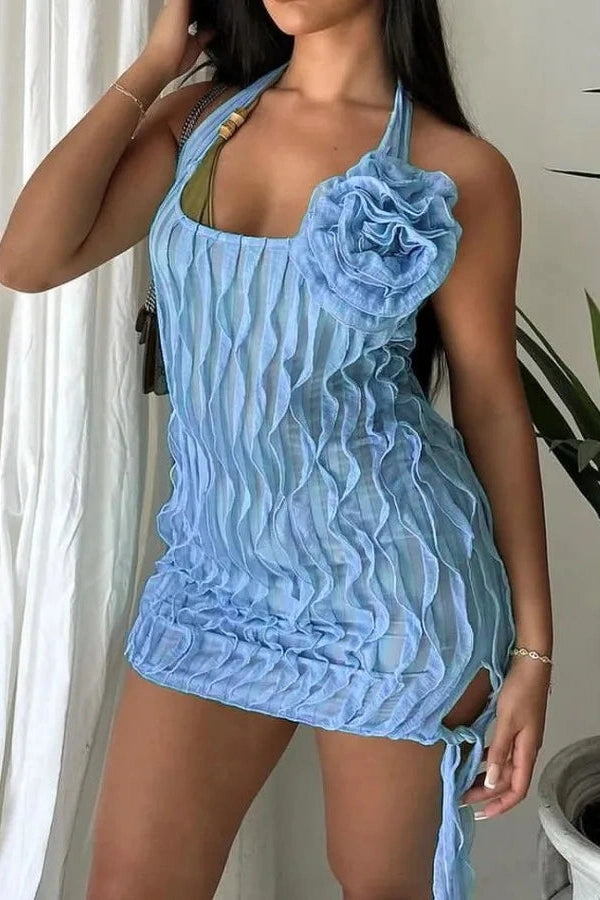 Glorol - Elegant Pleated Mesh See-Through Slim Mini Dress
