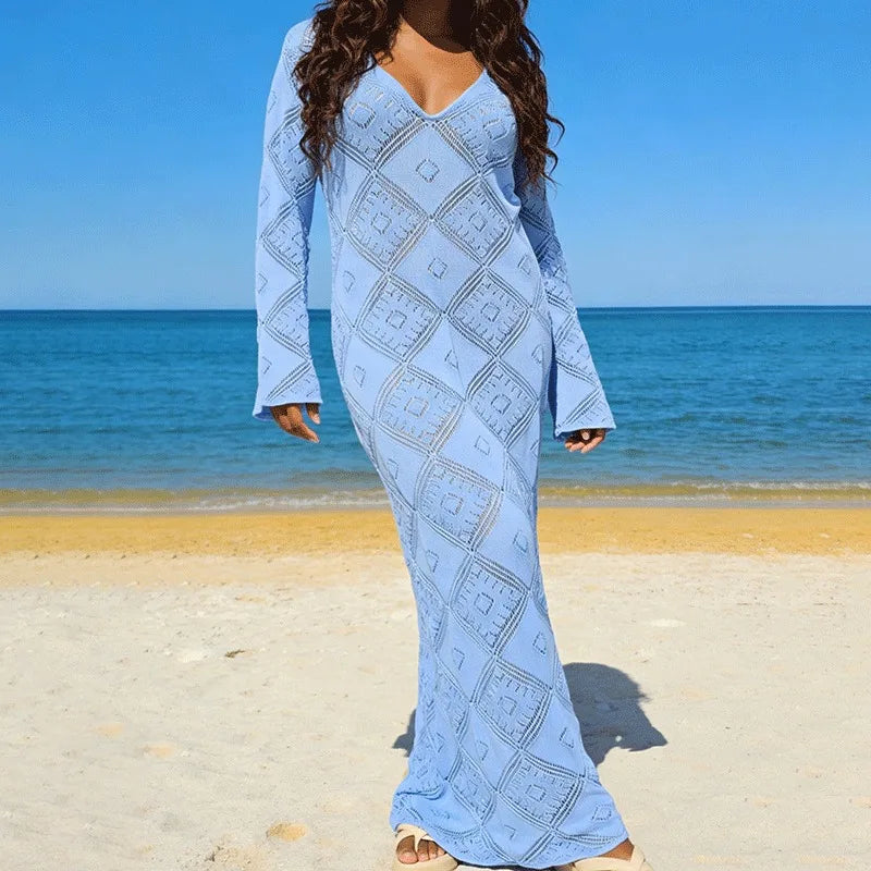 Glorol - Elegant V-Neck Hollow Out See Through Maxi Dress