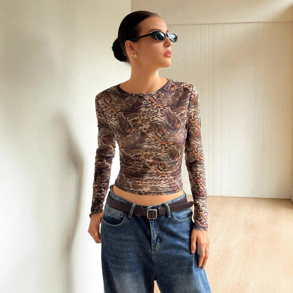 Glorol - Leopard Print O-Neck See-Through Top