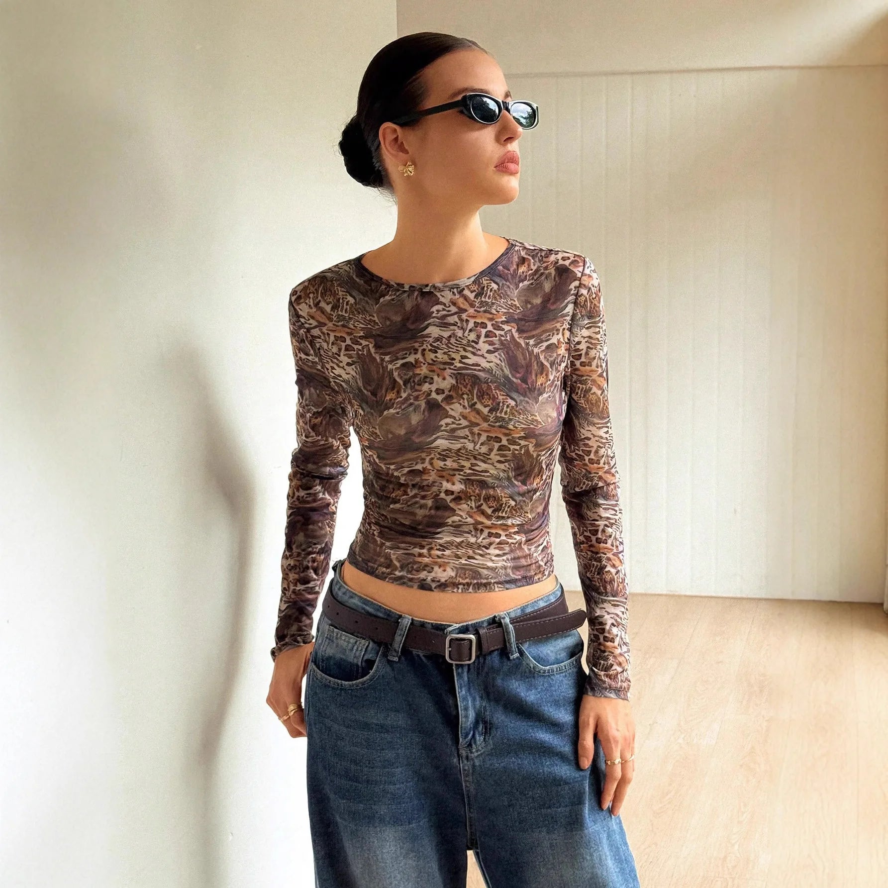 Glorol - Leopard Print O-Neck See-Through Top