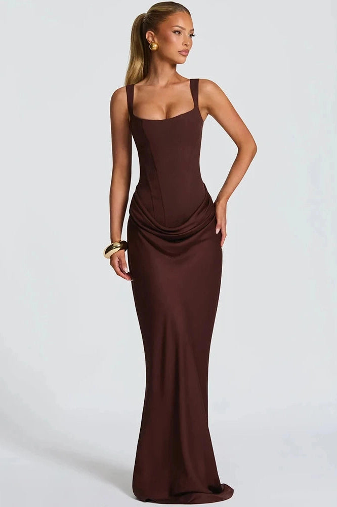 Glorol - Backless Square Collar Straps Sleeveless Bodycon Maxi Dress