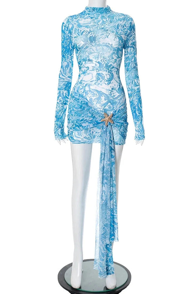 Glorol - Elegant Printed Long Sleeve Slim Mini Dress