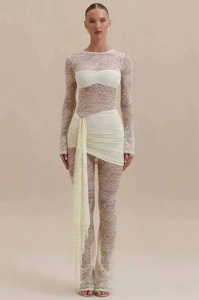 Glorol - Lace Patchwork O Neck Long Sleeve Jumpsuit