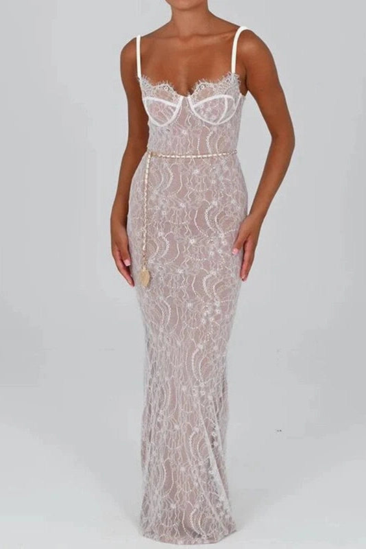 Glorol - Elegant V Neck Sleeveless Lace Slim Maxi Dress