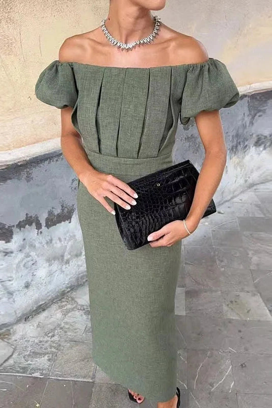 Glorol - Elegant Slim High Waist Off-Shoulder Puff Sleeve Maxi Dress