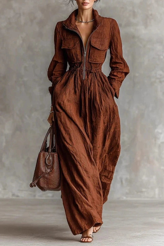Glorol - Elegant Pleated High Waist Long Sleeve Zipper Maxi Dress