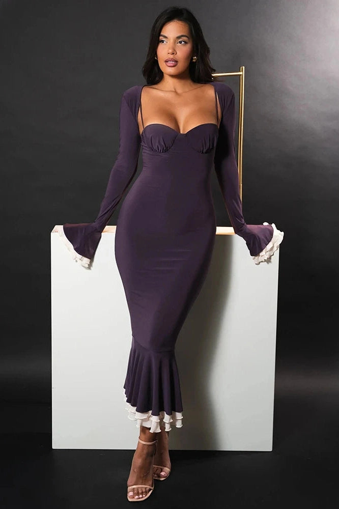 Glorol - Elegant Long Sleeve Patchwork Square Collar Maxi Dress
