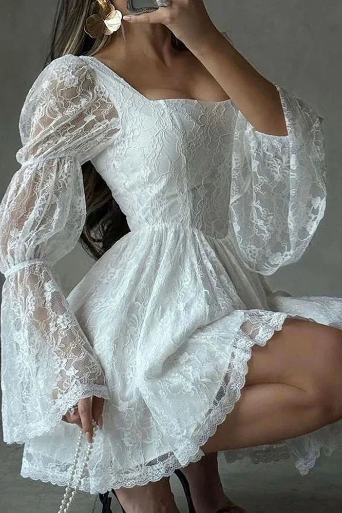 Elegant Pleated Square Collar Flare Sleeve Lace High Waist Mini Dress