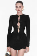 Glorol - Hollow Out Long Sleeve O Neck High Waist Mini Dress