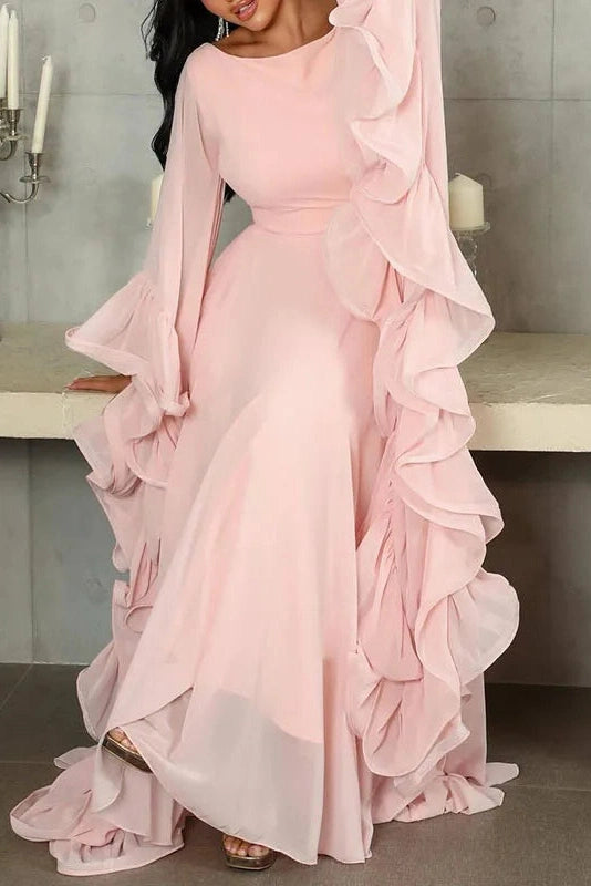 Glorol - O-Neck High Waist Backless Lace Up Long Sleeve Maxi Dress