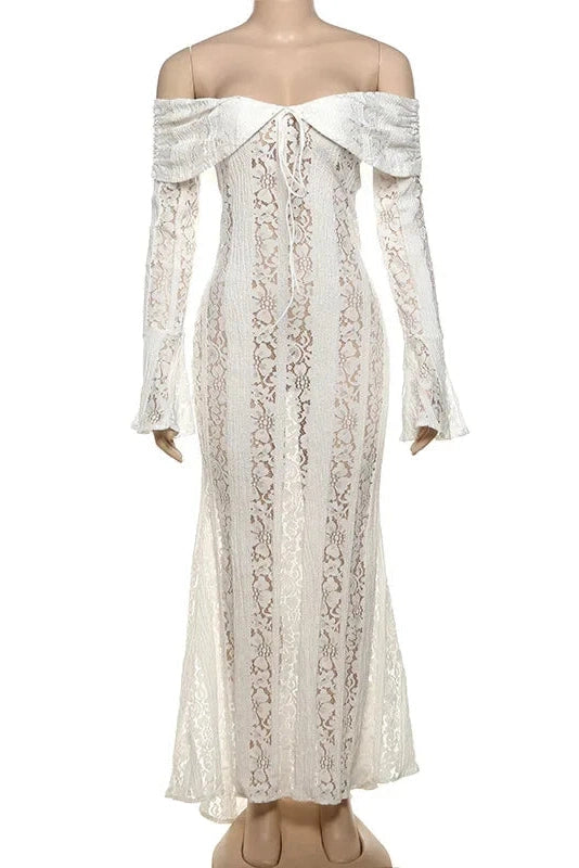 Glorol - Lace Hollow Out Slim Off-Shoulder Long Sleeve Bodycon Mini Dress