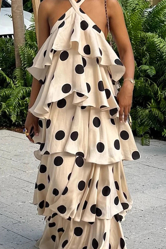Glorol - Elegant Backless Polka Dot Sleeveless Maxi Dress
