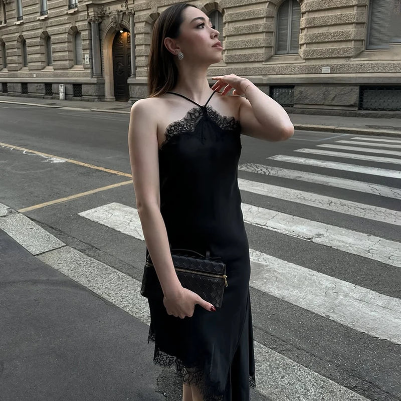 Glorol - Lace Backless Spaghetti Strap Irregular Midi Dress