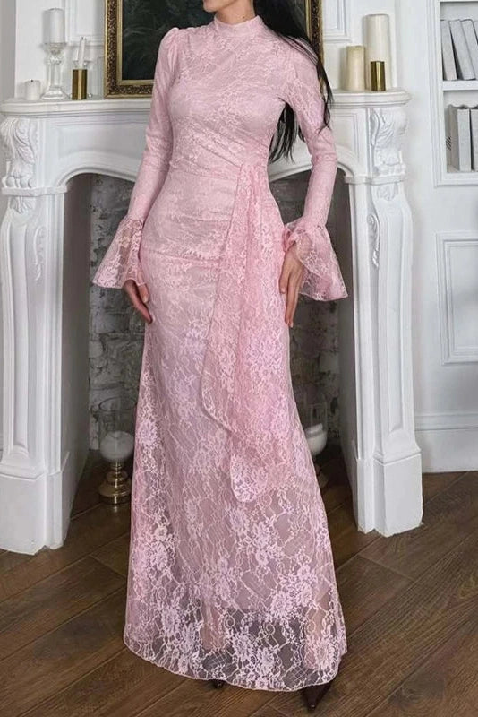 Glorol - O-Neck Lace High Waist Long Sleeve Pleated Maxi Dress