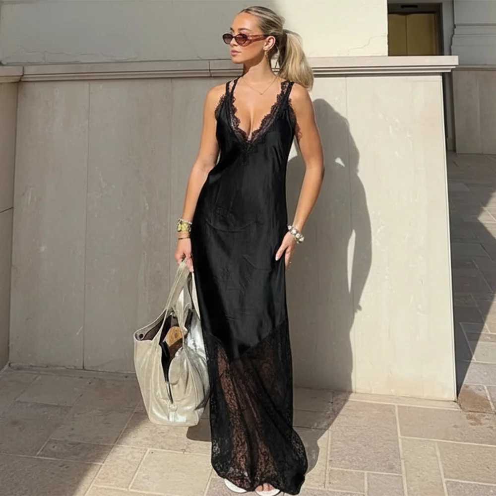 Glorol - Lace Patchwork V Neck See Through Sleeveless Maxi Dress