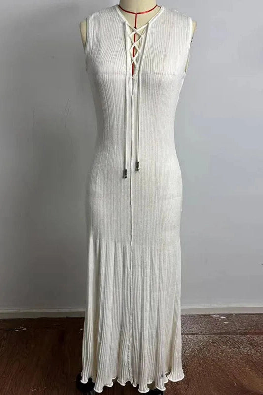 Glorol - Elegant Hollow Out Lace Up Slim Knitted Sleeveless Maxi Dress