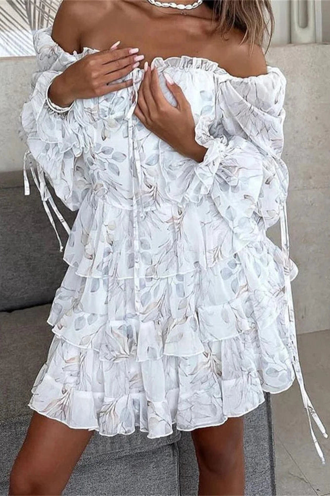 Glorol - Printed Lace-Up Square Collar Patchwork Mini Dress