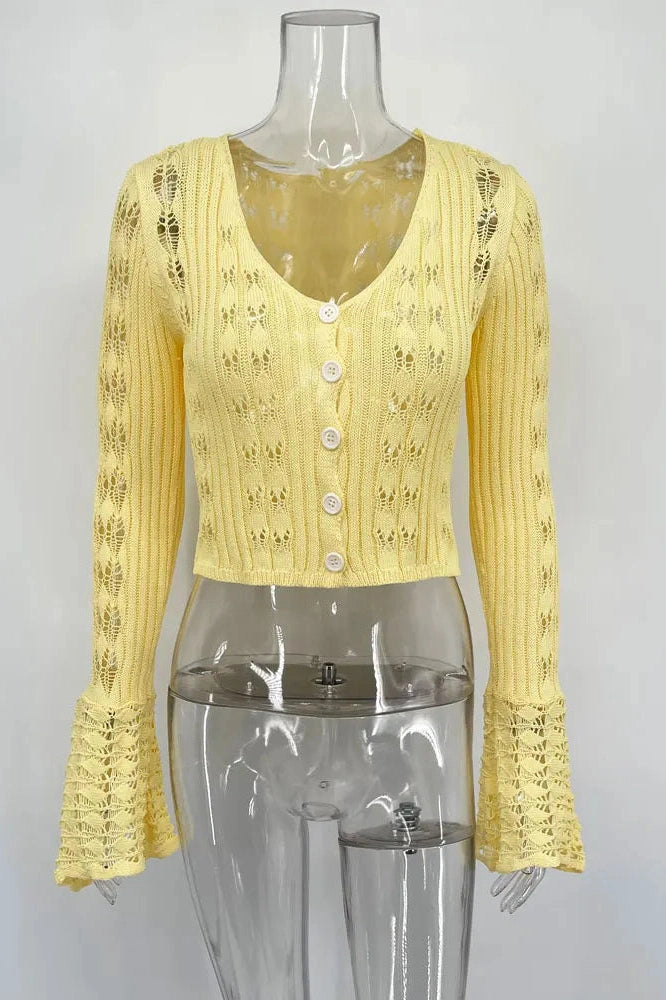 Glorol - Hollow Out V-Neck Long Sleeve Patchwork Top