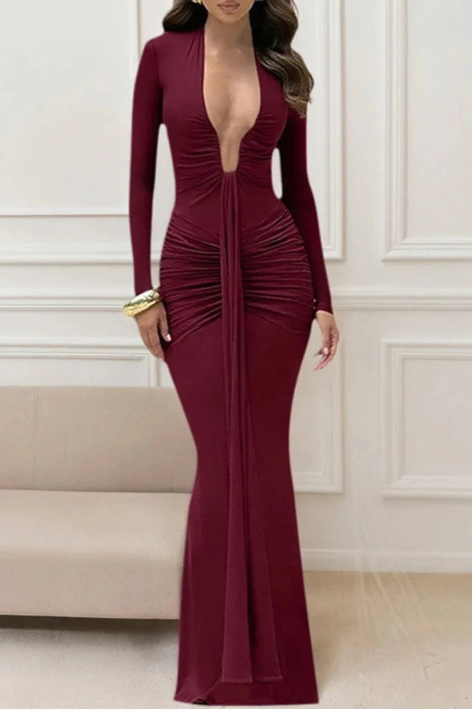Glorol - Deep V Neck Long Sleeve Bodycon Maxi Dress
