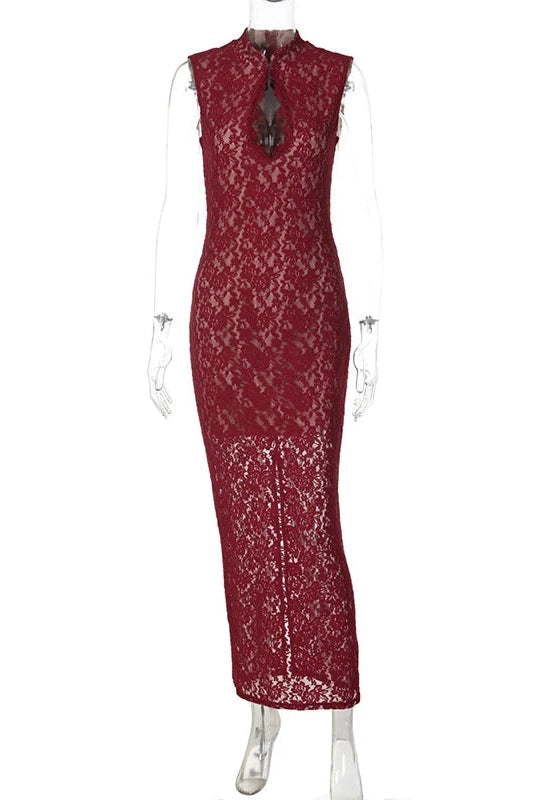 Glorol - Hollow Out Lace Sleeveless Slim Maxi Dress