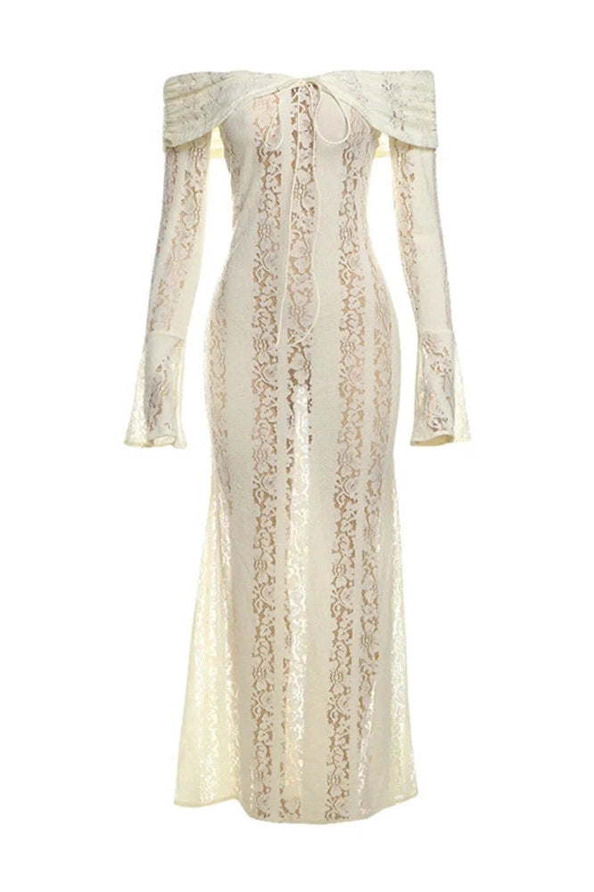 Glorol - Off-Shoulder See-Through Printed Lace-Up High Waist Maxi Dress