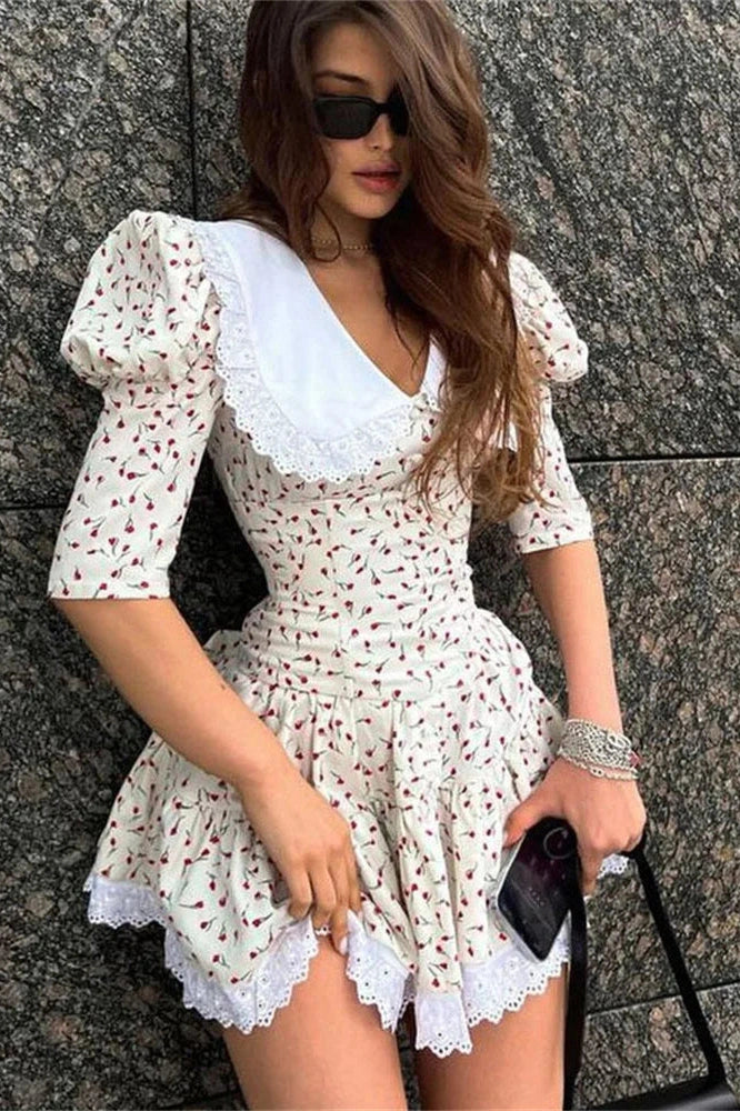 Glorol - Printed Patchwork V-Neck Short Sleeve Slim Mini Dress