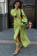 Glorol - Lace-Up Long Sleeve High Waist Maxi Dress