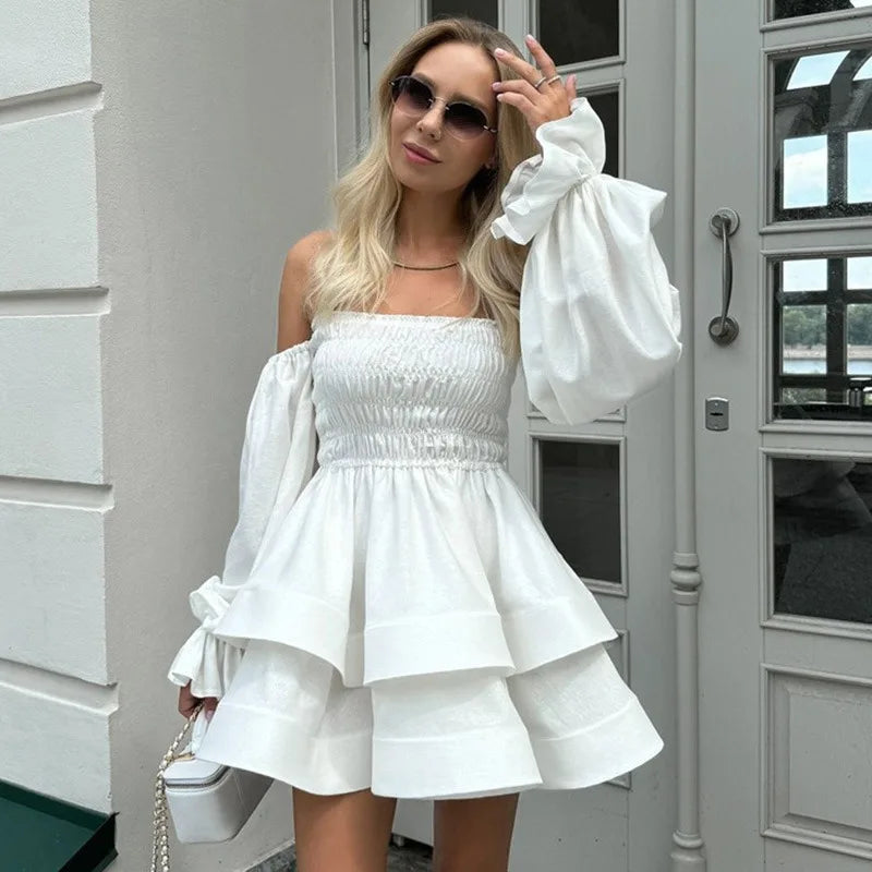 Glorol - Off Shoulder Ruched Long Sleeve Mini Dress