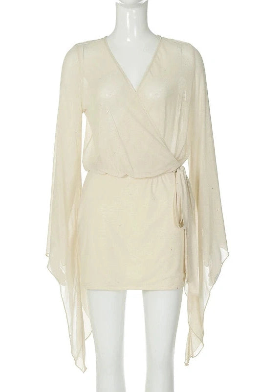 Glorol - Elegant V-Neck Long-Sleeved Lace-Up Backless Mini Dress