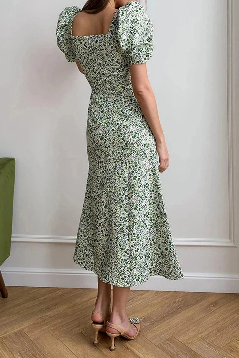 Glorol - Short Sleeve Floral Print A-Line Midi Dress