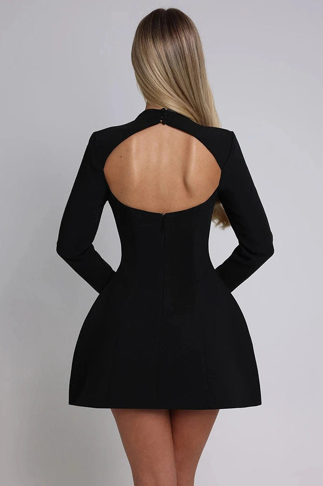 Glorol - Long Sleeve O-Neck High Waist Backless A-line Mini Dress