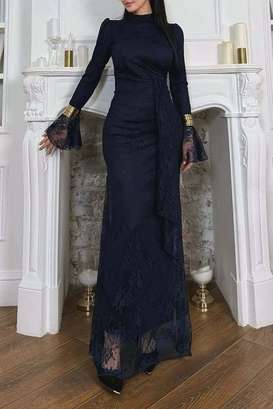 Glorol - O-Neck Lace High Waist Long Sleeve Pleated Maxi Dress