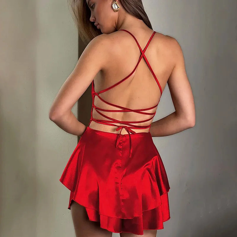 Glorol - Backless V-Neck Lace-Up Mini Dress