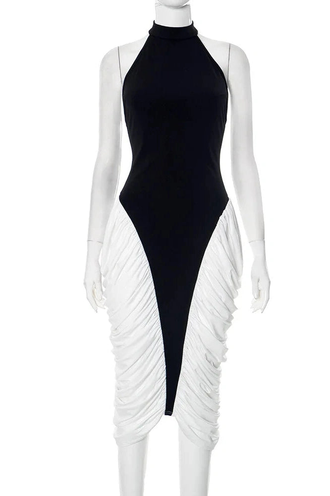 Glorol - Patchwork Backless Sleeveless Pleated Midi Dress