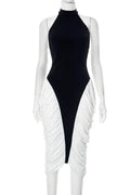 Glorol - Patchwork Backless Sleeveless Pleated Midi Dress