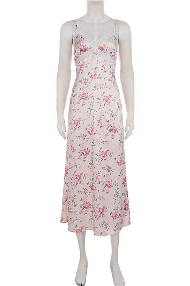 Glorol - Lace Printed Backless High Waist Slim V-Neck Maxi Dress