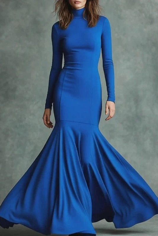 Glorol - Elegant Slim High Waist Turtleneck Long Sleeve Maxi Dress
