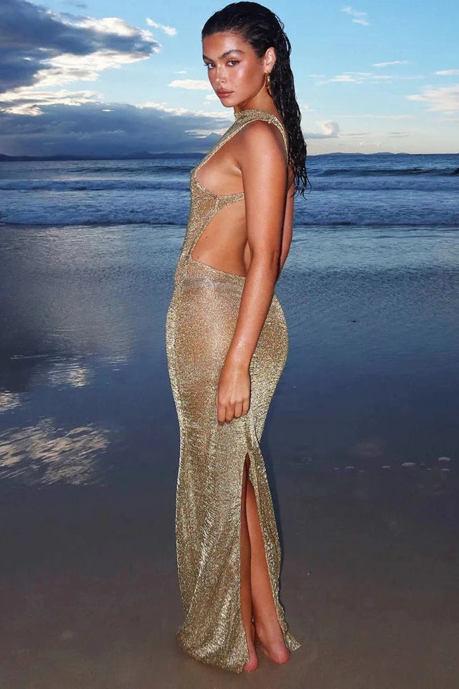Glorol - See Through Sleeveless Backless Back Split Maxi Dress