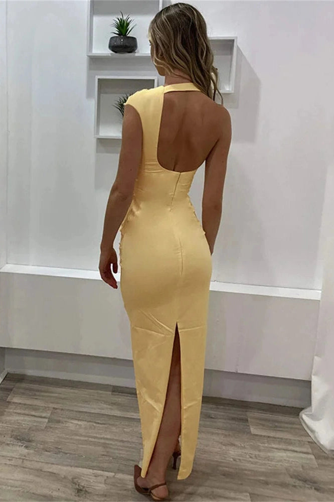 Glorol - Pleated High Waist Slim Backless Maxi Dress