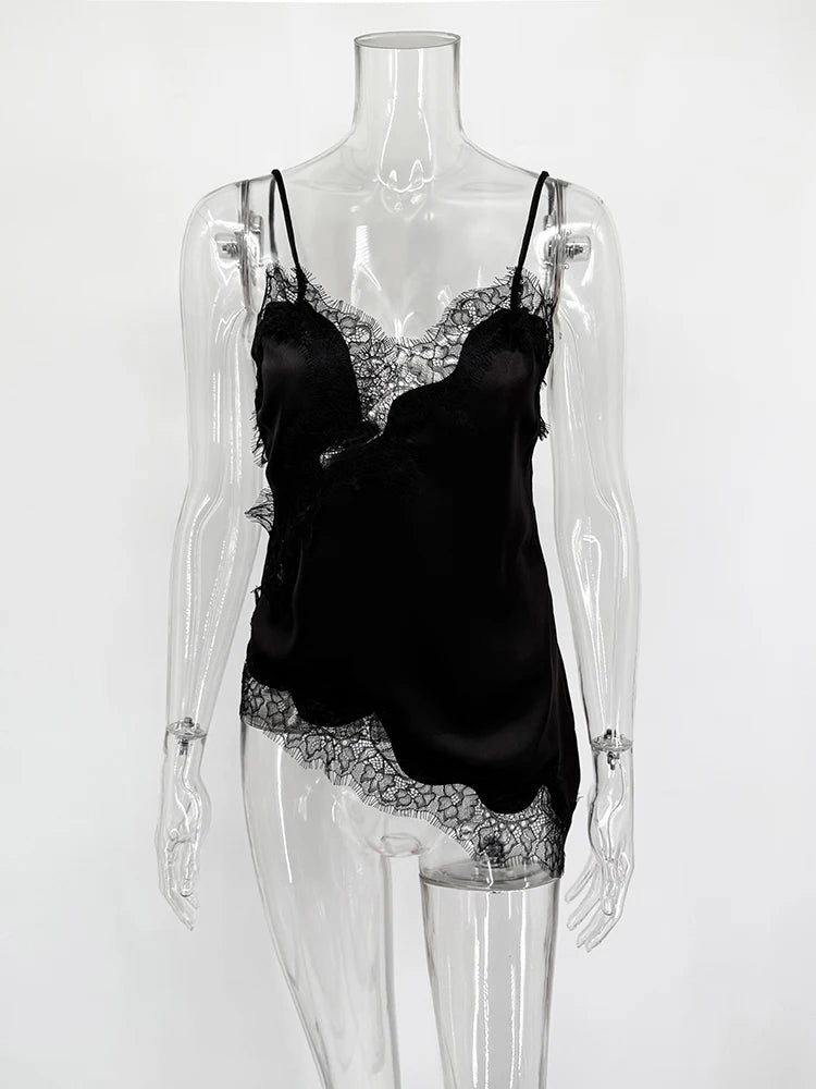 Glorol - Lace Spaghetti Strap Slit Bodycon Mini Dress