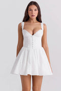 Glorol - Embroidered Belted V Neck Sleeveless A-line Mini Dress