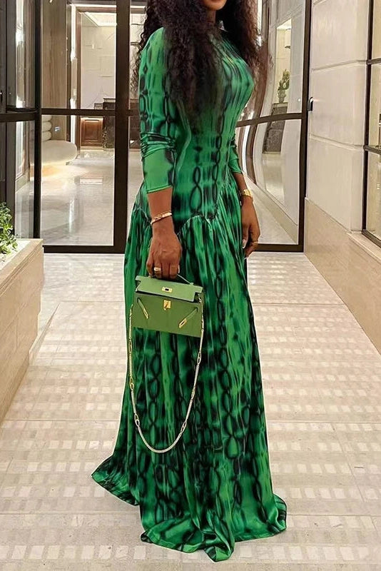 Glorol - Printed Long Sleeve Slim High Waist Pleated Maxi Dress