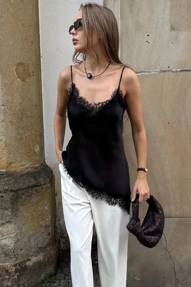 Glorol - Lace Printed V-Neck Patchwork Backless Top