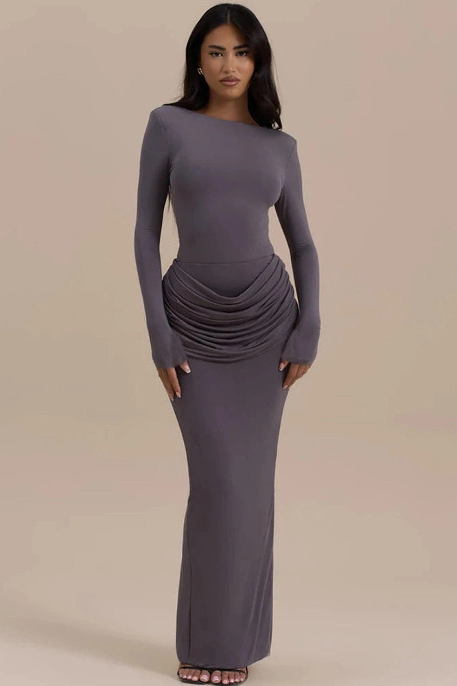 Glorol - Long Sleeve O Neck High Waist Bodycon Maxi Dress