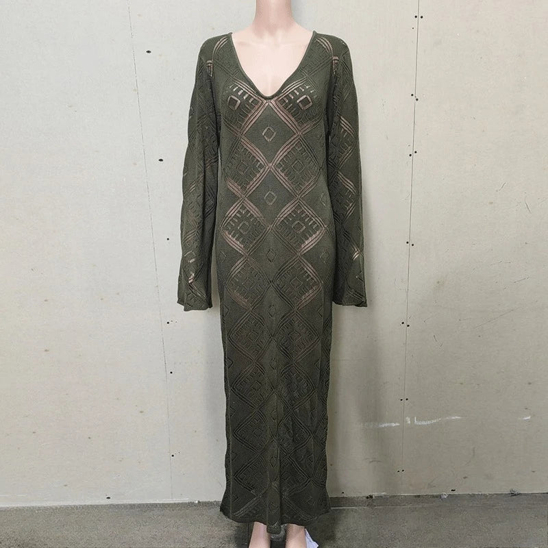 Glorol - Elegant V-Neck Hollow Out See Through Maxi Dress