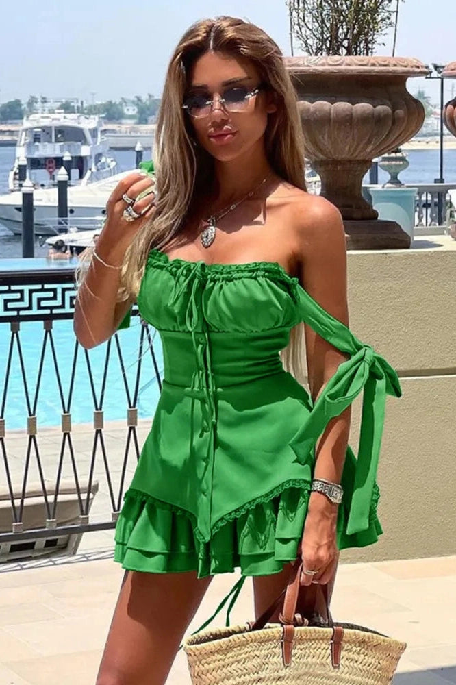 Glorol - Sleeveless Spaghetti Strap Backless Lace-up Mini Dress