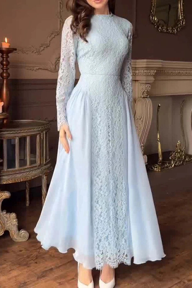 Glorol - O-Neck Long Sleeve Pleated High Waist Lace Maxi Dress