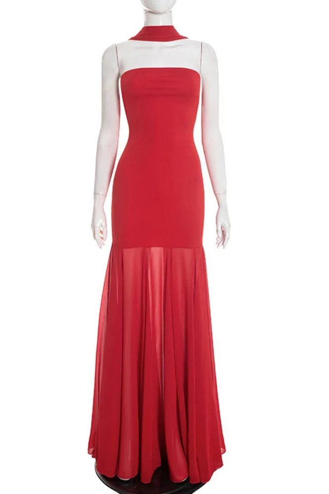 Glorol - Off-Shoulder Strapless Scarf Collar Sleeveless Backless Bodycon Maxi Dress